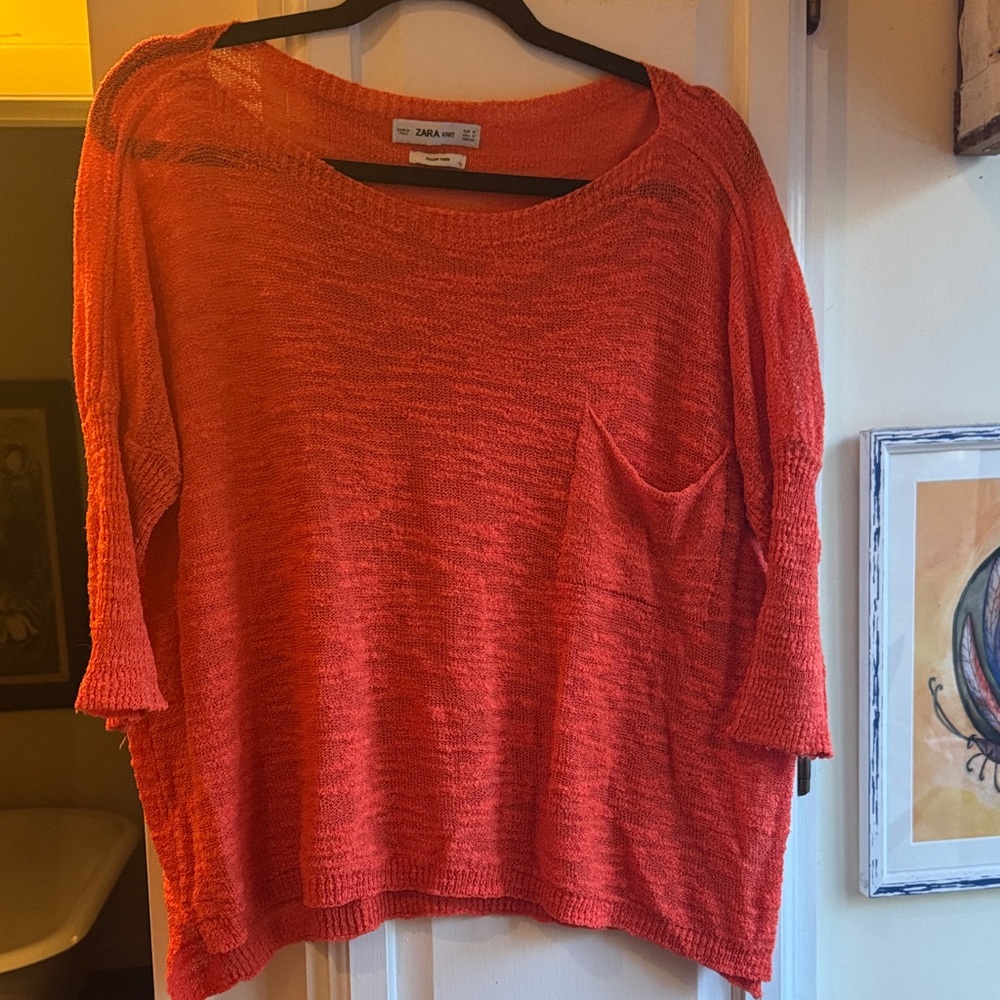 Zara Women's Bright Orange Crew Neck (Knit) Sweater
